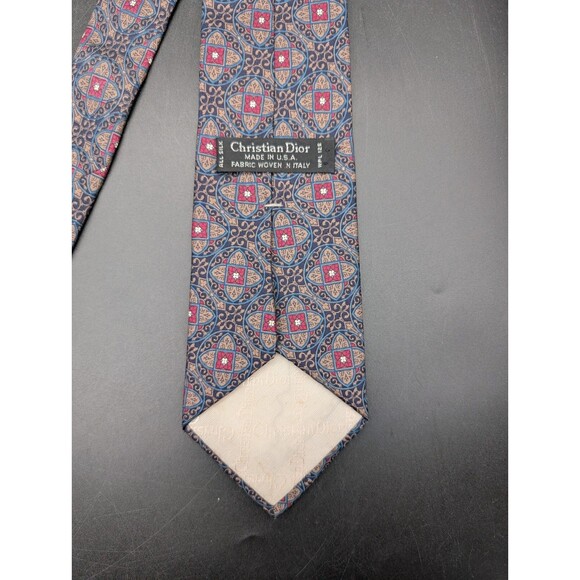 Vintage Christian Dior Neck Tie Pattern Red Blue All Silk Made In USA RARE - Picture 2 of 4